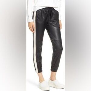 David Lerner Black Vegan Leather Joggers with White and Pink Stripe